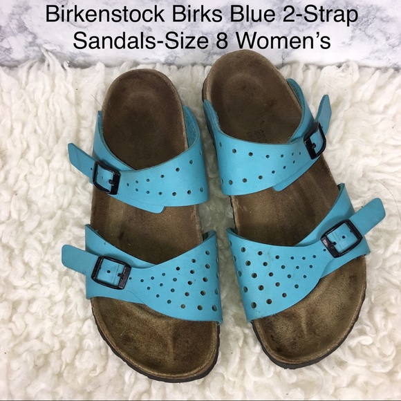 Birkenstock Shoes - Birkenstock Birkis Blue Perforated Leather Sandals